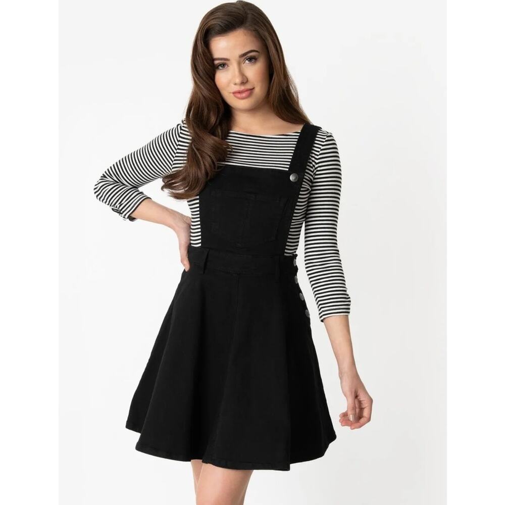 Hell Bunny Dakota 50's Black Stretch Denim Pinafore Dress Size 2XL Flare Overall